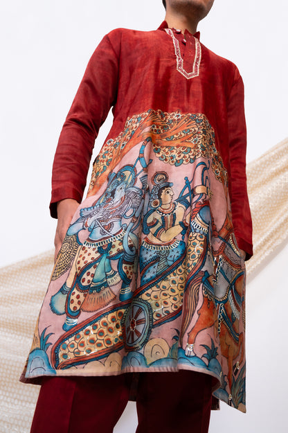 Maroon Hand-Painted Kalamkari Sena Kurta Set.