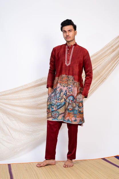 Maroon Hand-Painted Kalamkari Sena Kurta Set.