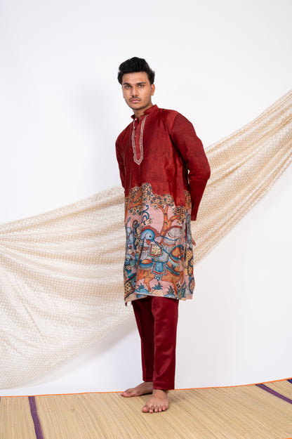 Maroon Hand-Painted Kalamkari Sena Kurta Set.