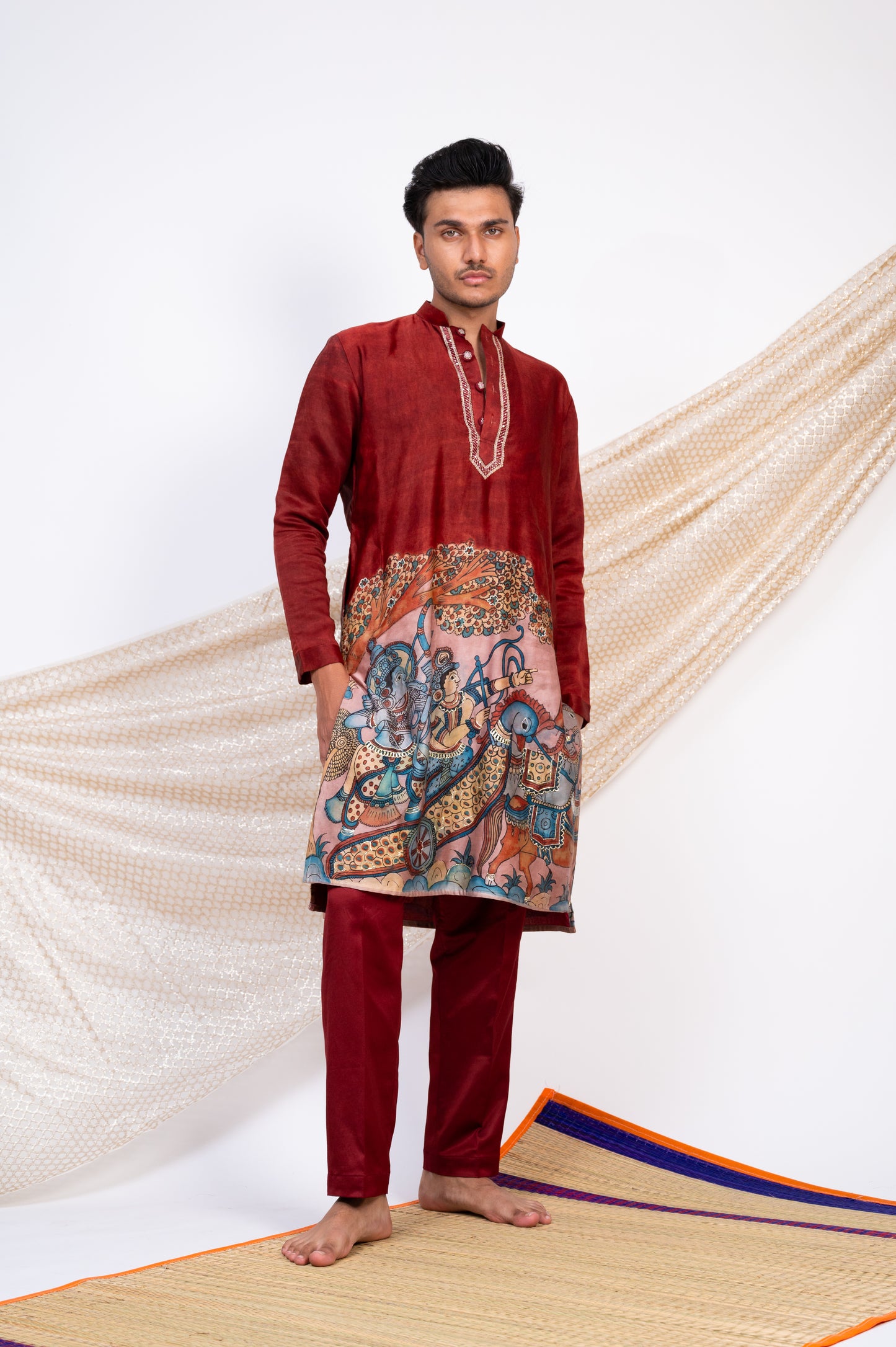 Maroon Hand-Painted Kalamkari Sena Kurta Set.