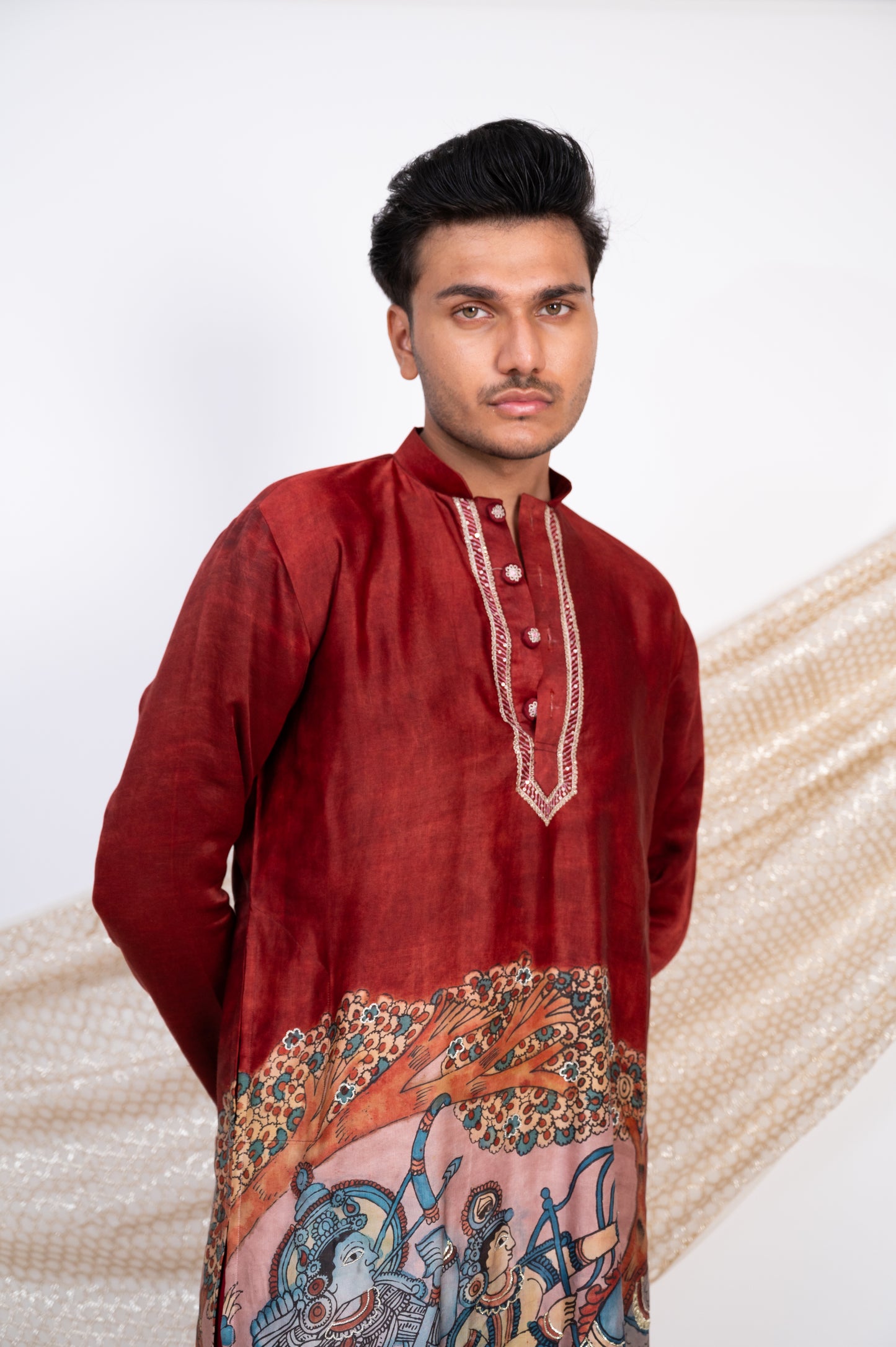 Maroon Hand-Painted Kalamkari Sena Kurta Set.