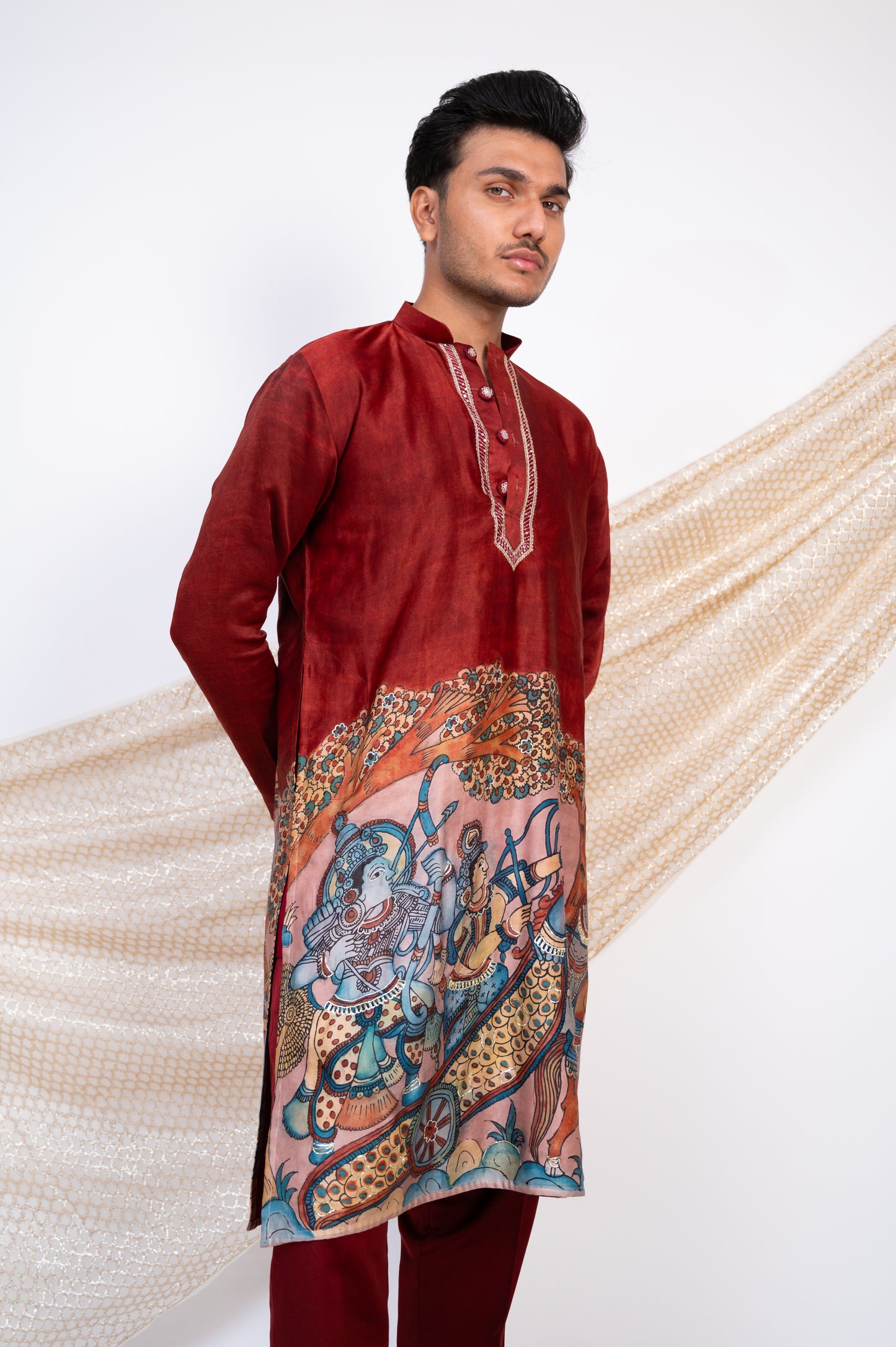 Maroon Hand-Painted Kalamkari Sena Kurta Set.