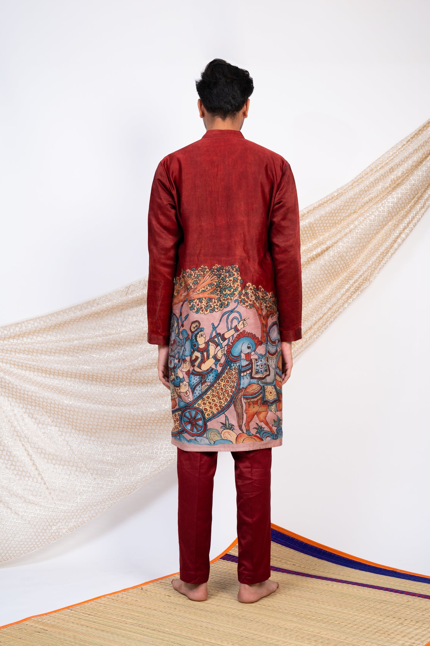 Maroon Hand-Painted Kalamkari Sena Kurta Set.