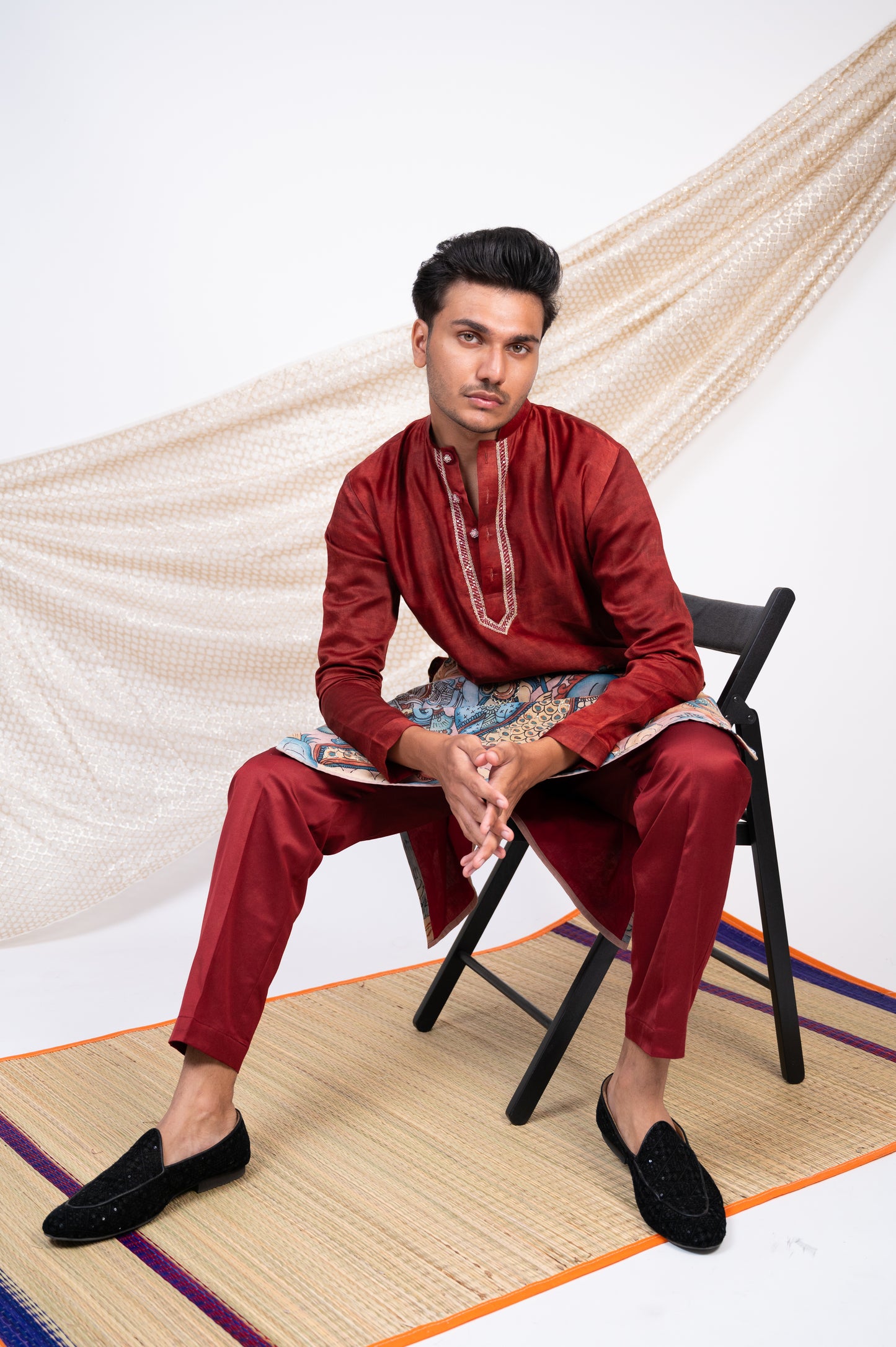 Maroon Hand-Painted Kalamkari Sena Kurta Set.