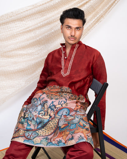 Maroon Hand-Painted Kalamkari Sena Kurta Set.