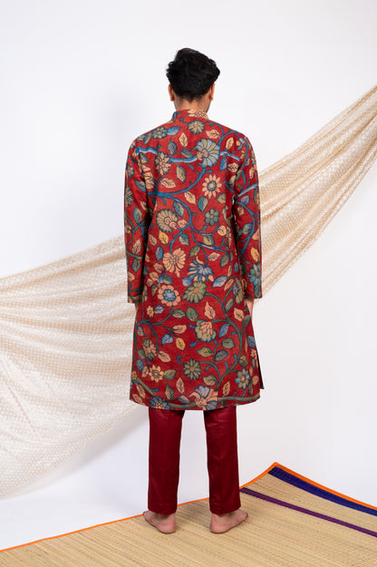 Maroon Hand-Painted Floral Kalamkari Kurta Set.