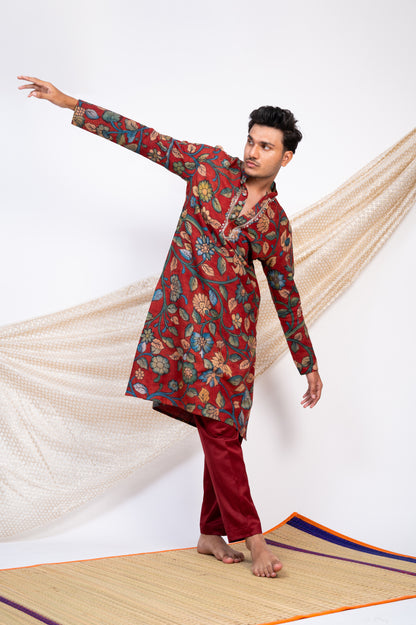 Maroon Hand-Painted Floral Kalamkari Kurta Set.