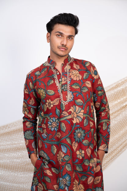 Maroon Hand-Painted Floral Kalamkari Kurta Set.