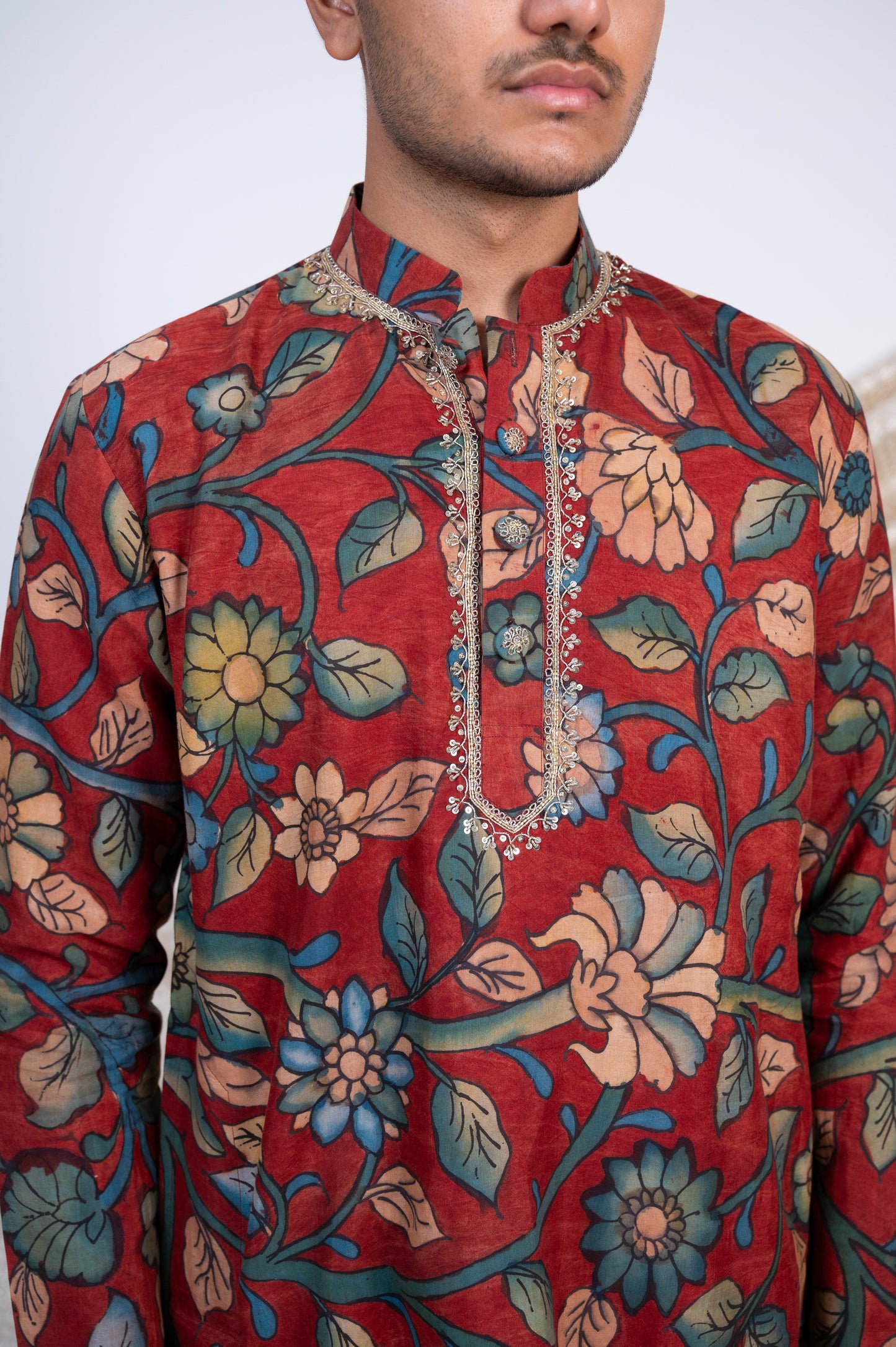 Maroon Hand-Painted Floral Kalamkari Kurta Set.