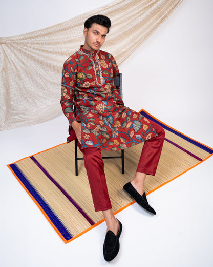 Maroon Hand-Painted Floral Kalamkari Kurta Set.