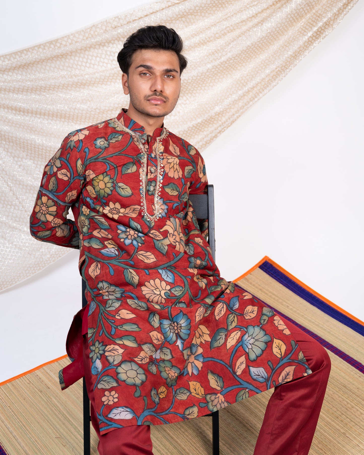 Maroon Hand-Painted Floral Kalamkari Kurta Set.