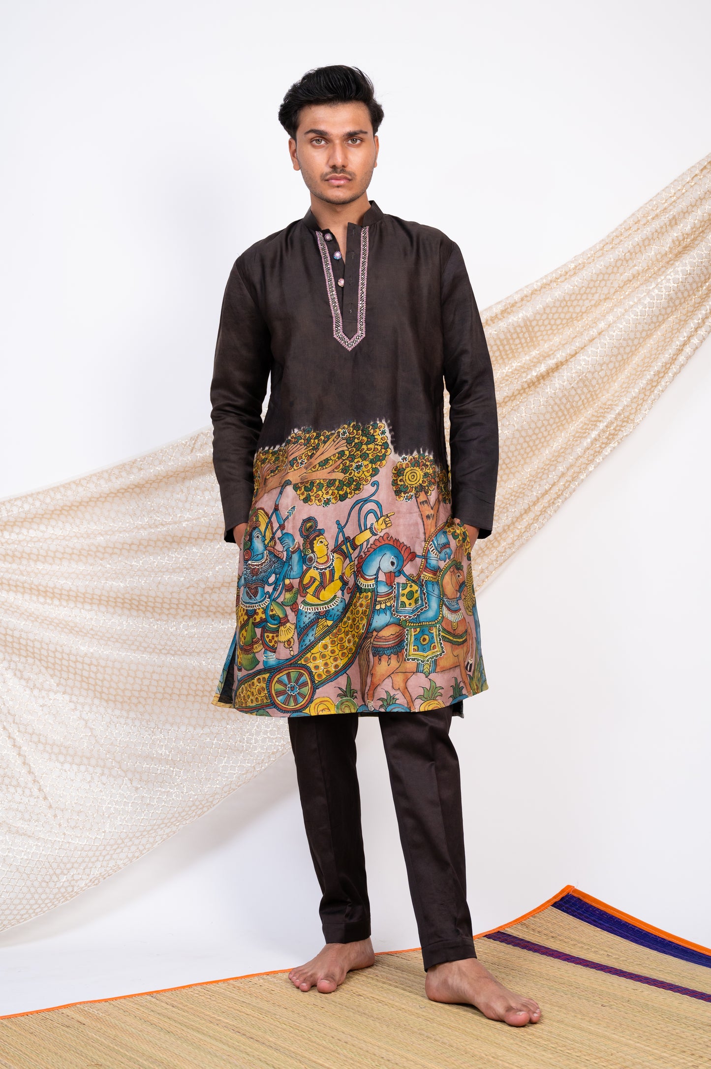 Noir Hand-Painted Kalamkari Sena Kurta Set.