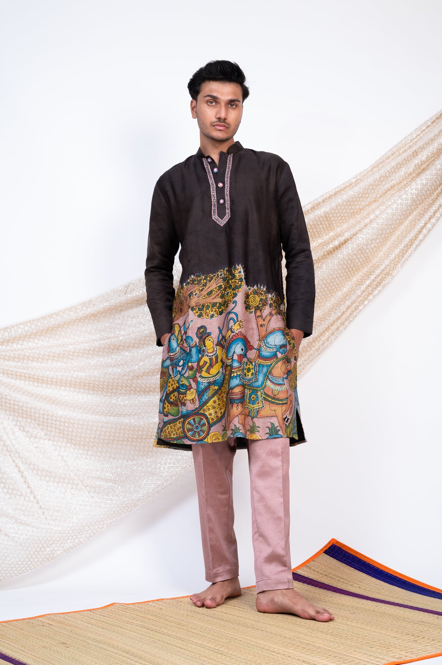 Noir Hand-Painted Kalamkari Sena Kurta Set.