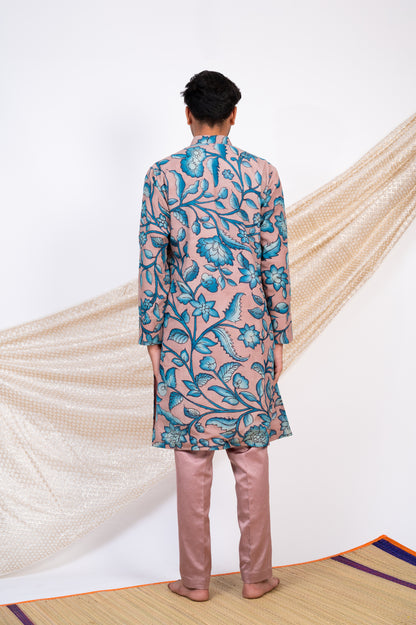 Sandrose-Pink Hand-Painted Floral Kalamkari Kurta Set.