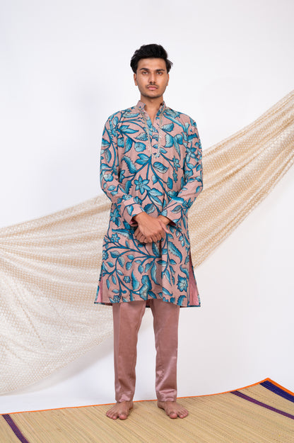 Sandrose-Pink Hand-Painted Floral Kalamkari Kurta Set.