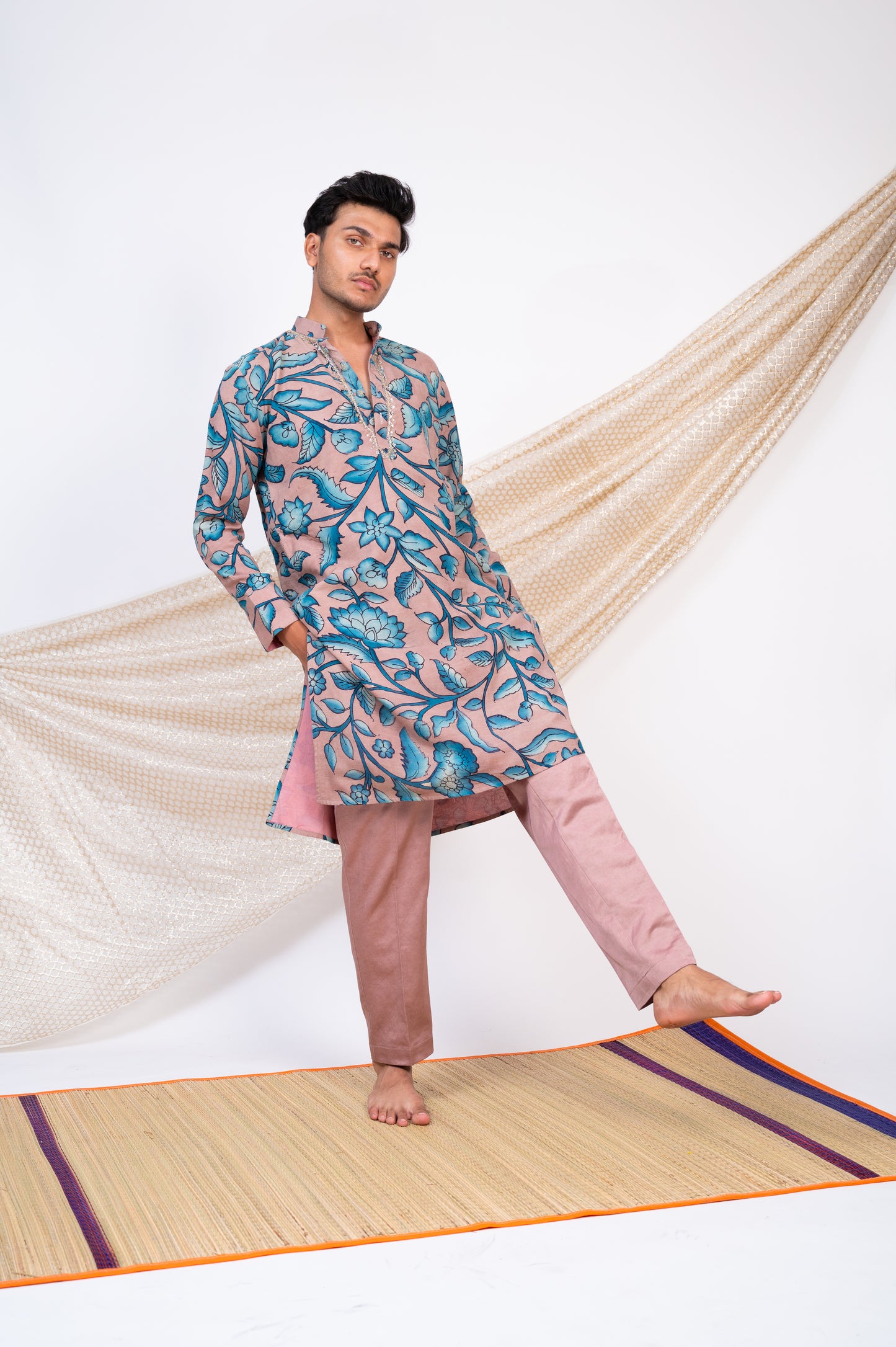 Sandrose-Pink Hand-Painted Floral Kalamkari Kurta Set.