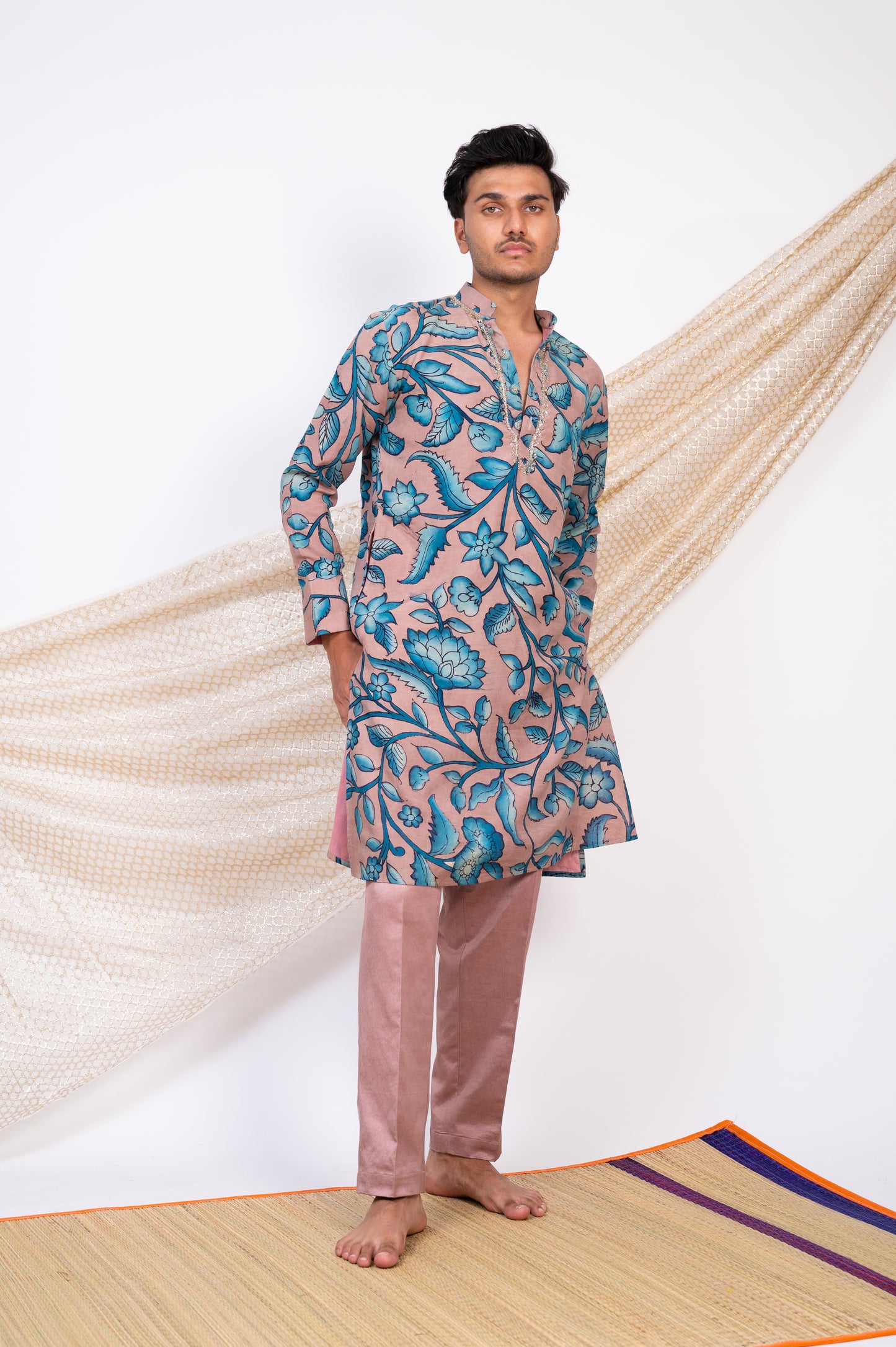 Sandrose-Pink Hand-Painted Floral Kalamkari Kurta Set.