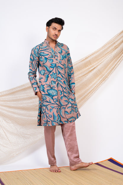 Sandrose-Pink Hand-Painted Floral Kalamkari Kurta Set.