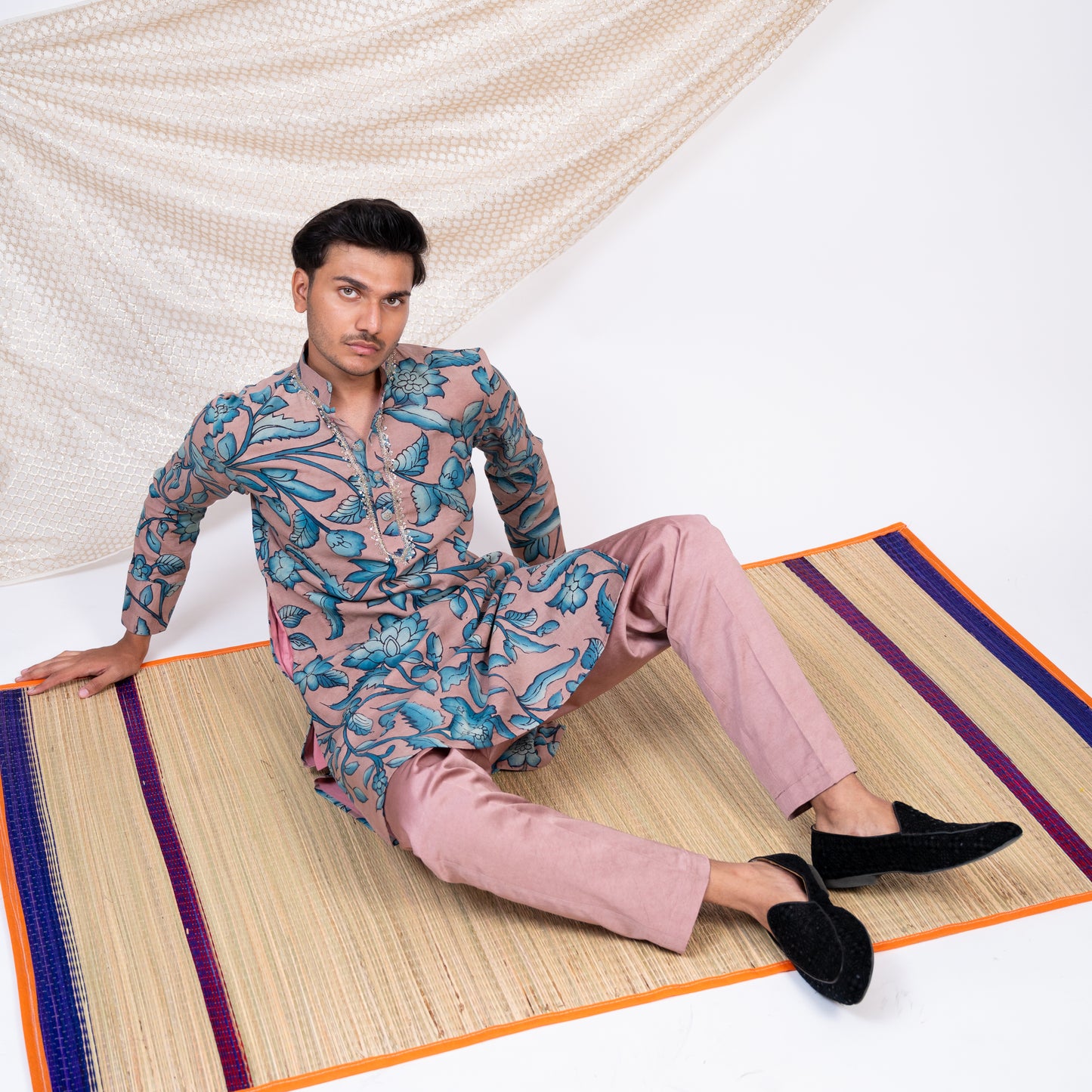 Sandrose-Pink Hand-Painted Floral Kalamkari Kurta Set.