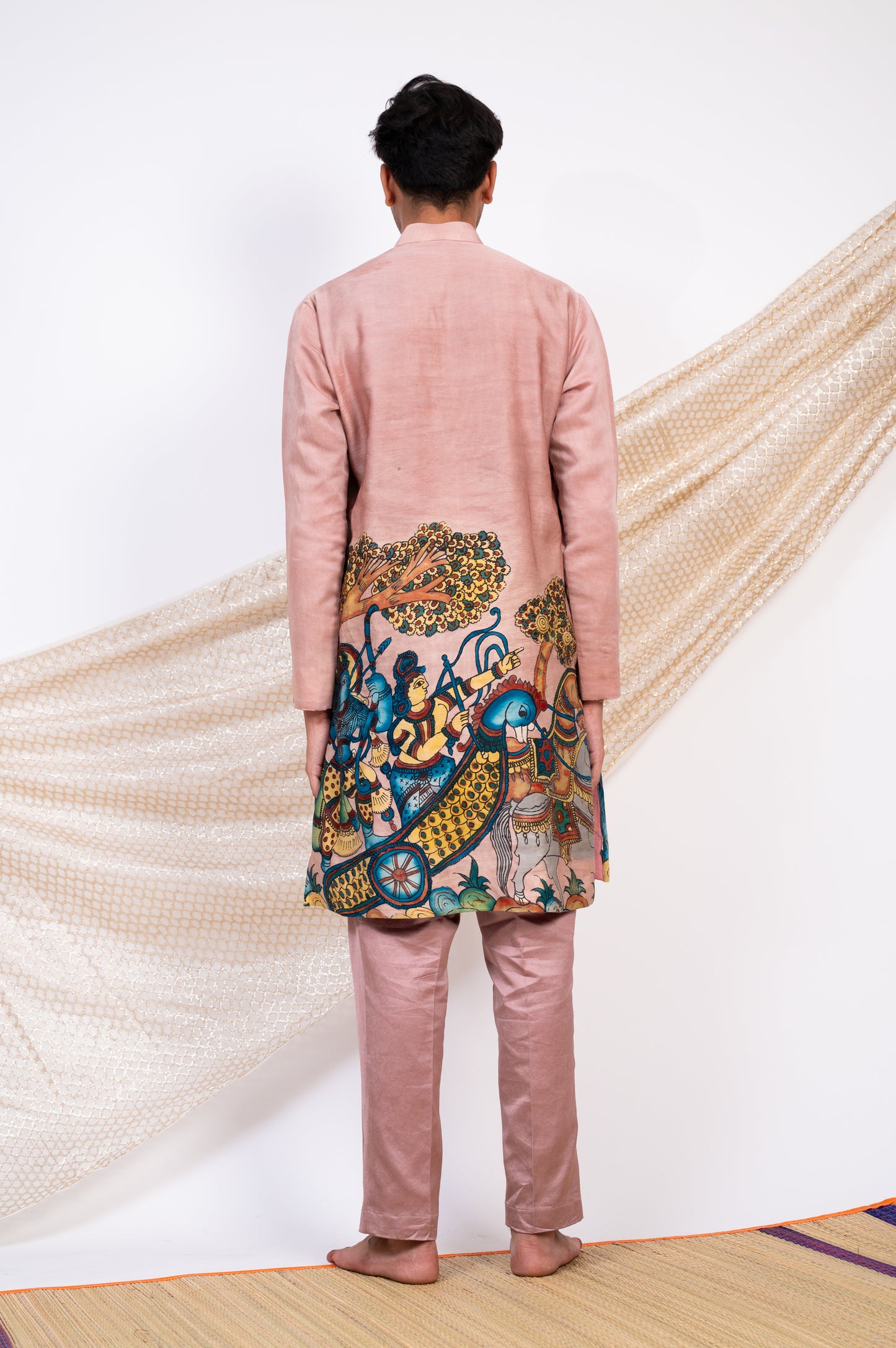 Sandrose-Pink Hand-Painted Kalamkari Sena Kurta Set.