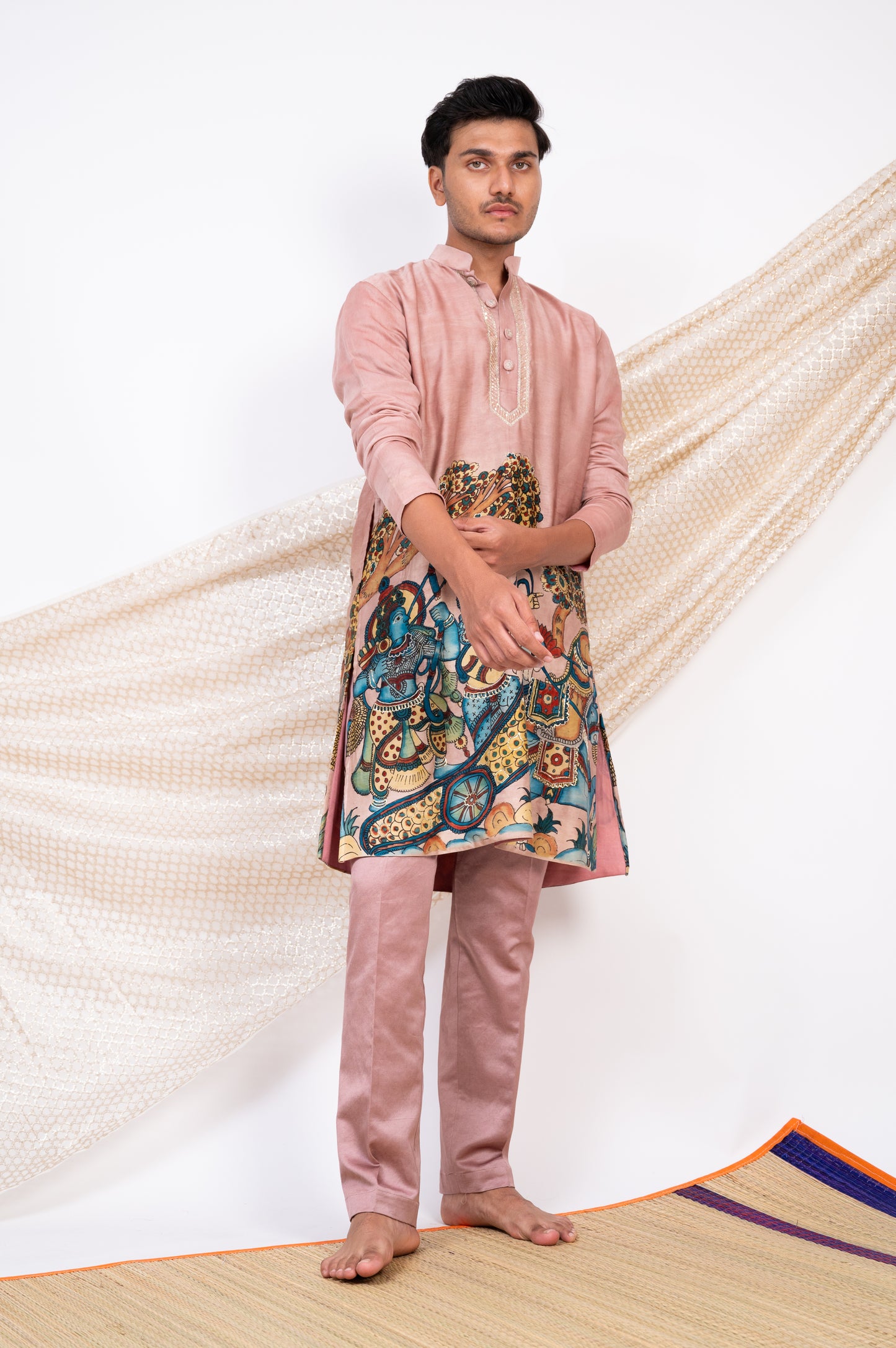 Sandrose-Pink Hand-Painted Kalamkari Sena Kurta Set.