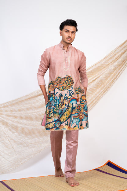 Sandrose-Pink Hand-Painted Kalamkari Sena Kurta Set.