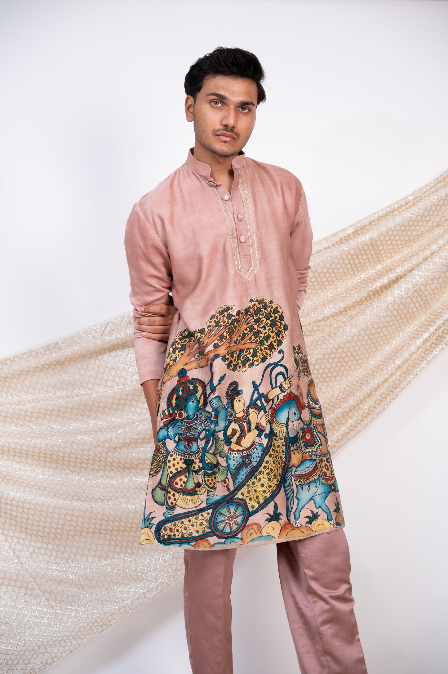 Sandrose-Pink Hand-Painted Kalamkari Sena Kurta Set.