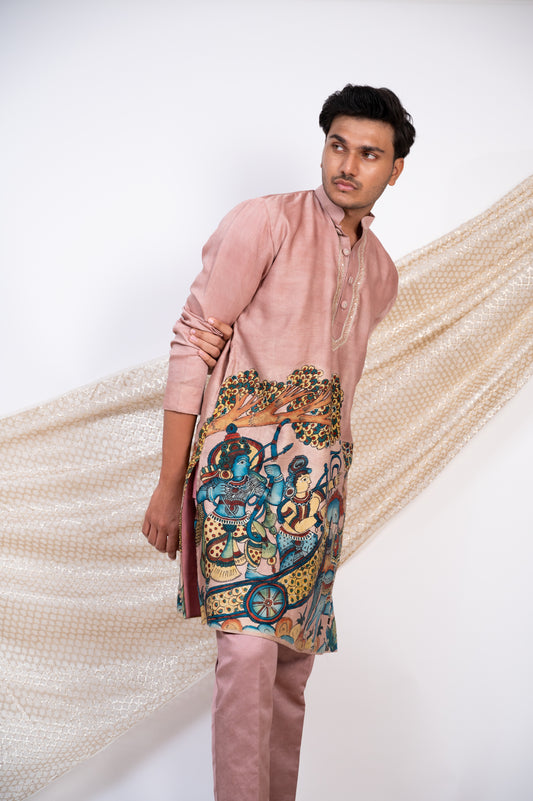 Sandrose-Pink Hand-Painted Kalamkari Sena Kurta Set.