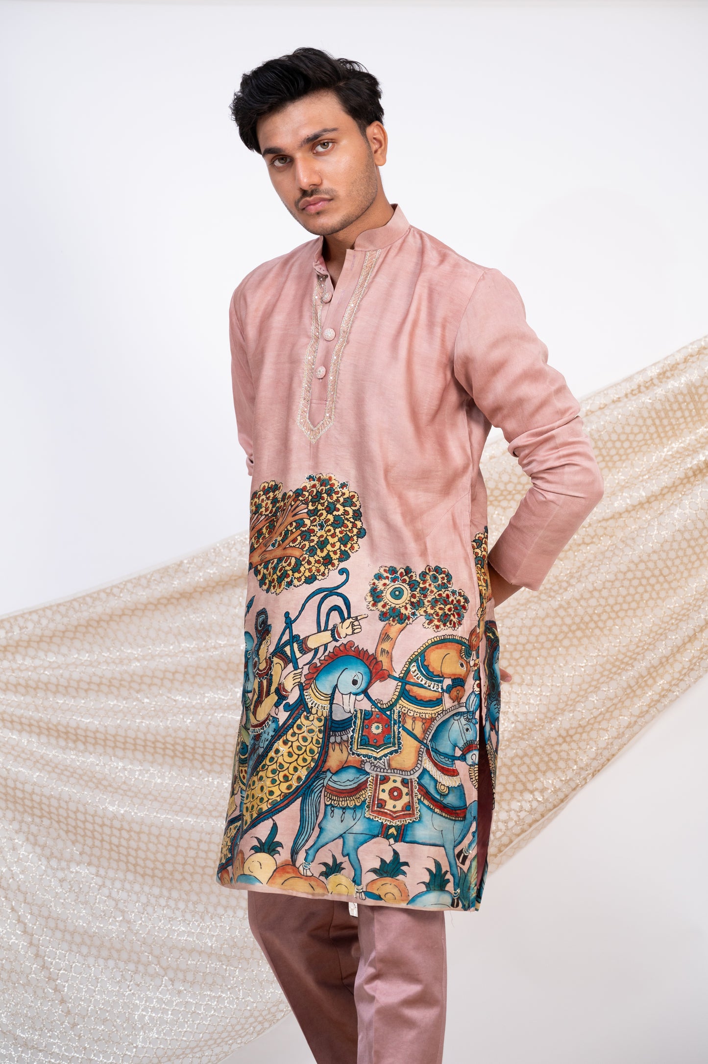 Sandrose-Pink Hand-Painted Kalamkari Sena Kurta Set.