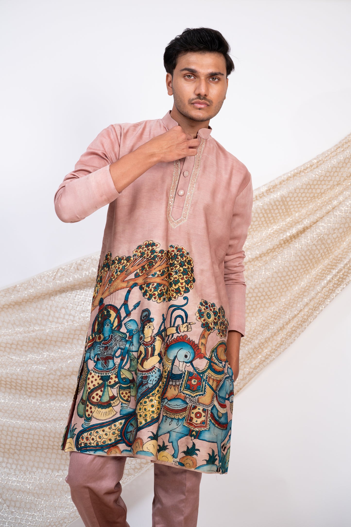 Sandrose-Pink Hand-Painted Kalamkari Sena Kurta Set.