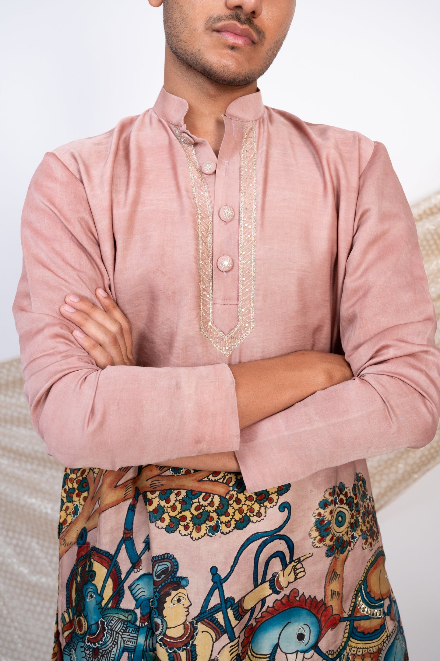 Sandrose-Pink Hand-Painted Kalamkari Sena Kurta Set.