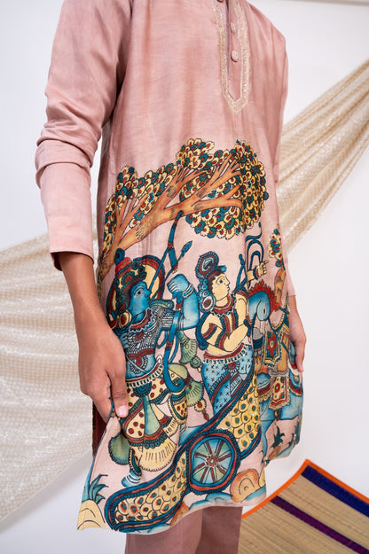 Sandrose-Pink Hand-Painted Kalamkari Sena Kurta Set.