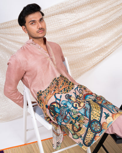 Sandrose-Pink Hand-Painted Kalamkari Sena Kurta Set.