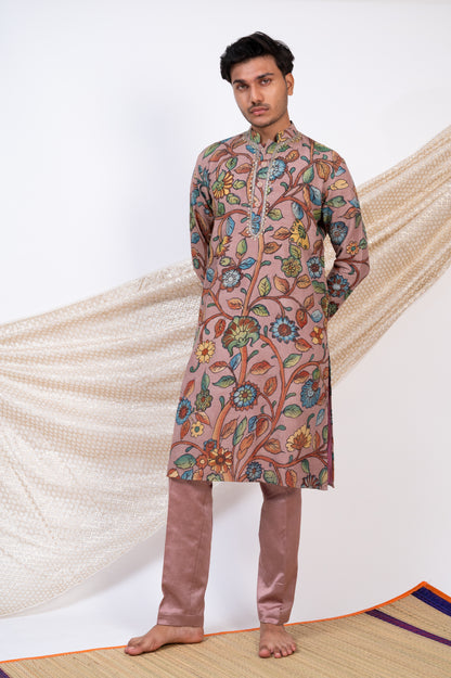 Sandrose-Pink Hand-Painted Multicolour Floral Kalamkari Kurta Set.