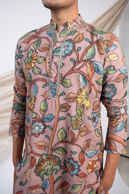 Sandrose-Pink Hand-Painted Multicolour Floral Kalamkari Kurta Set.