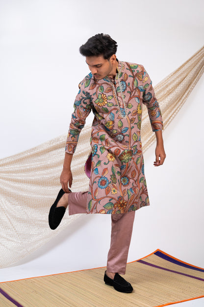 Sandrose-Pink Hand-Painted Multicolour Floral Kalamkari Kurta Set.