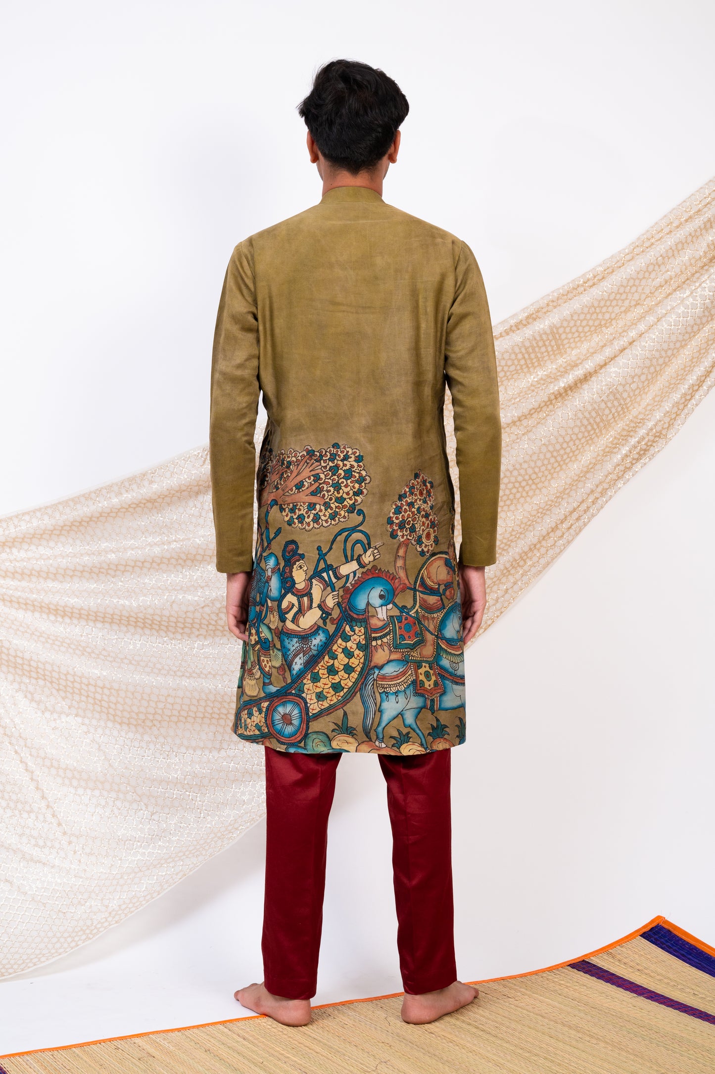 Olive-Green Hand-Painted Kalamkari Sena Kurta Set.