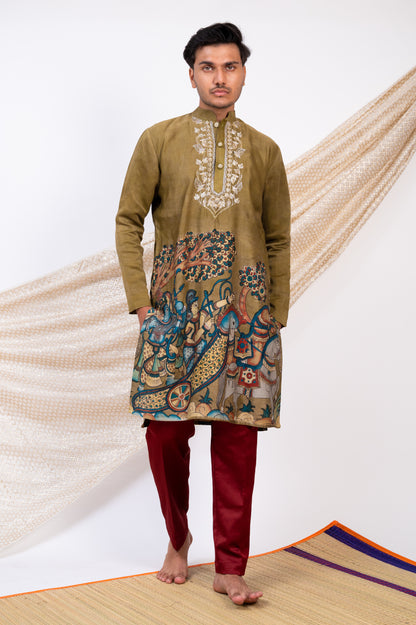 Olive-Green Hand-Painted Kalamkari Sena Kurta Set.