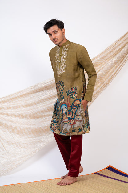 Olive-Green Hand-Painted Kalamkari Sena Kurta Set.