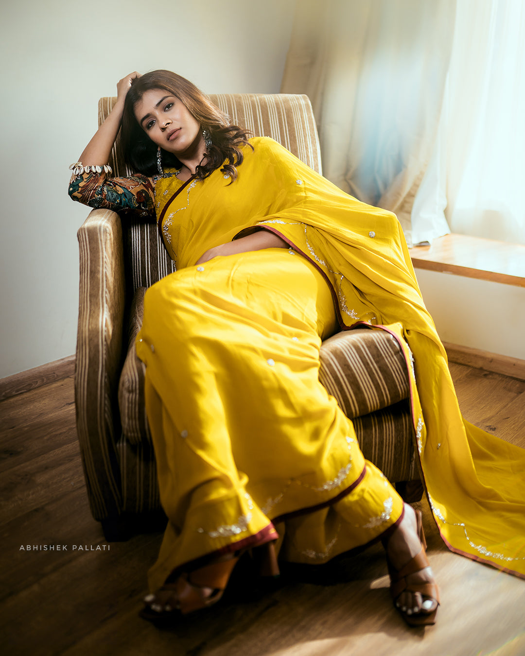 Oakre-Yellow Saree With Kalamkari Shell Blouse