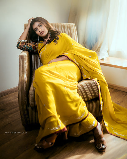 Oakre-Yellow Saree With Kalamkari Shell Blouse