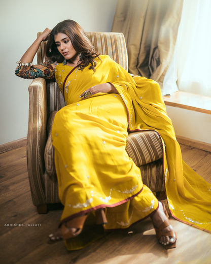Oakre-Yellow Saree With Kalamkari Shell Blouse