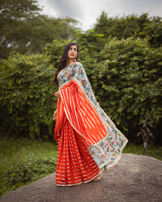 Orange Zari Stripes Saree Set