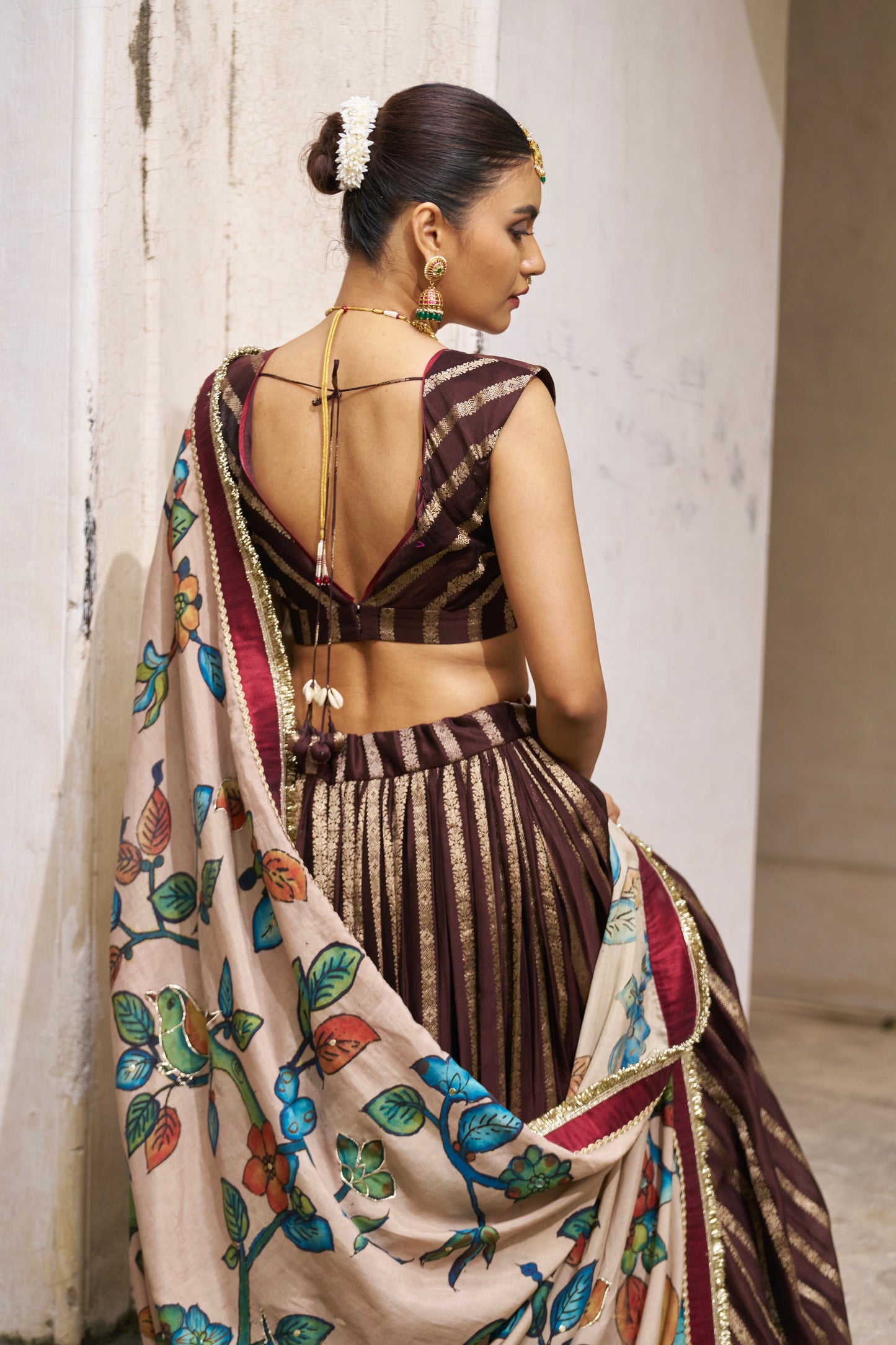 Brown Lehenga Set With Birds Outside Cages Kalamkari Dupatta