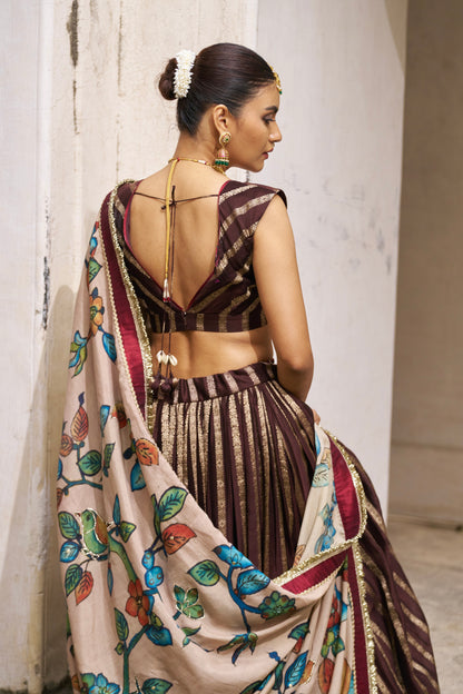 Brown Lehenga Set With Birds Outside Cages Kalamkari Dupatta
