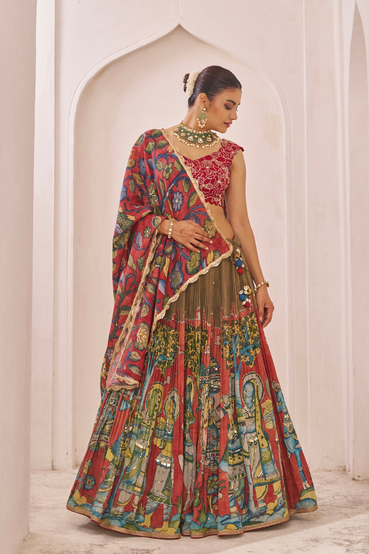 Olive-Green  Palenquin Bride Theme Kalamkari Lehenga Set