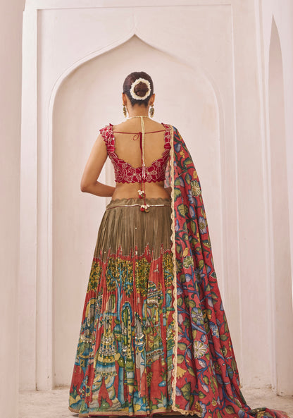Olive-Green  Palenquin Bride Theme Kalamkari Lehenga Set