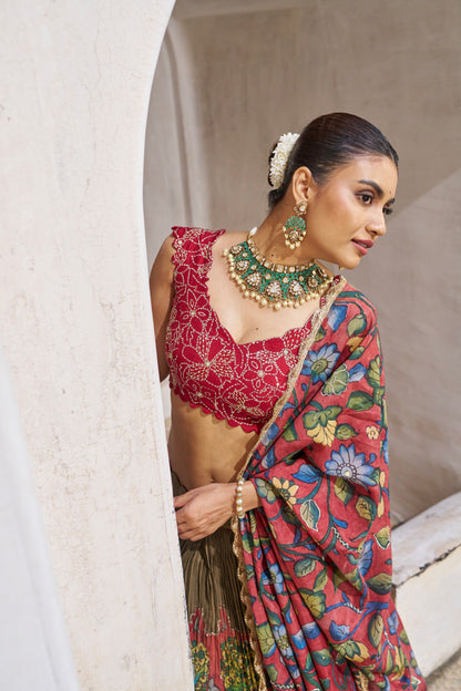 Olive-Green  Palenquin Bride Theme Kalamkari Lehenga Set