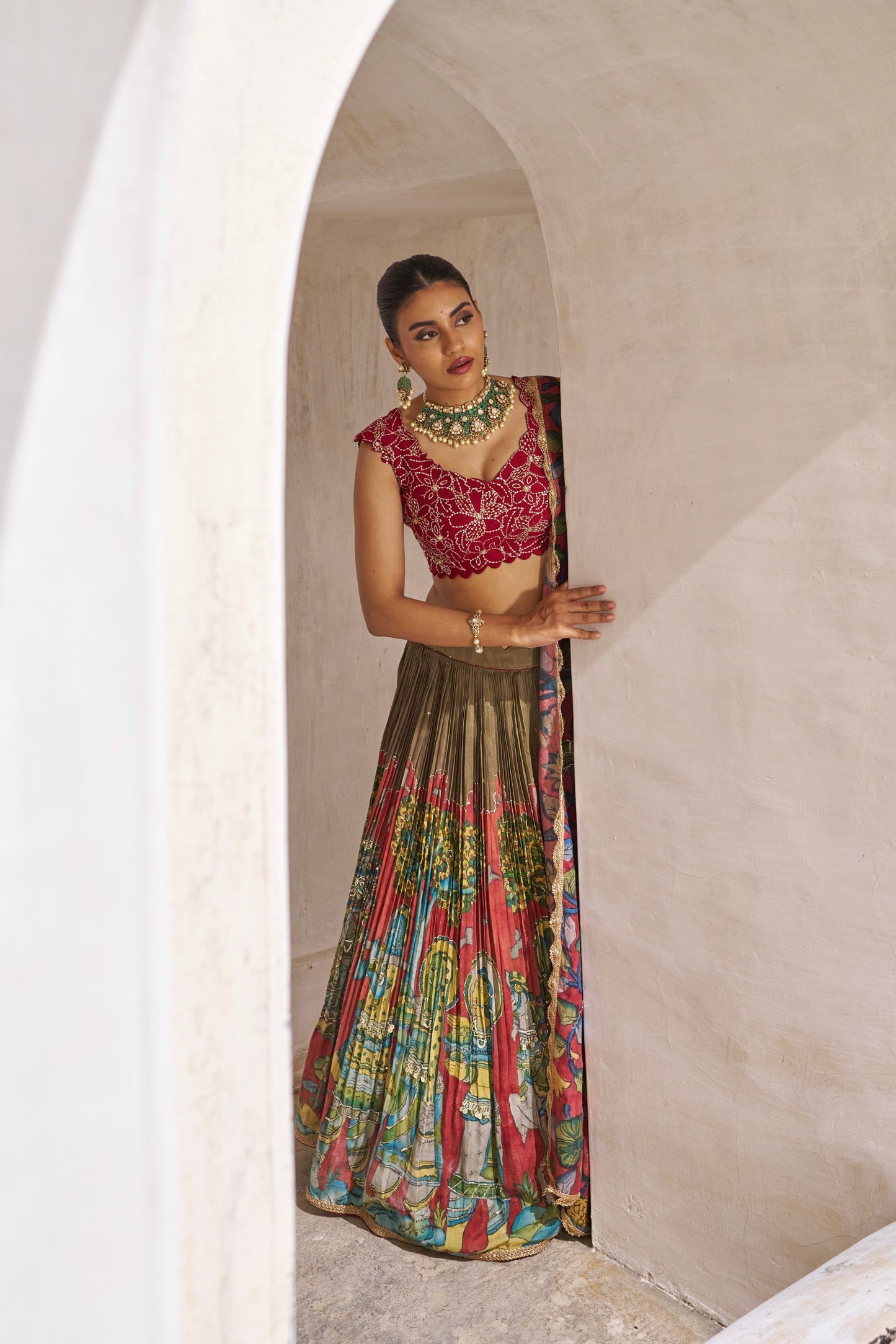 Olive-Green  Palenquin Bride Theme Kalamkari Lehenga Set