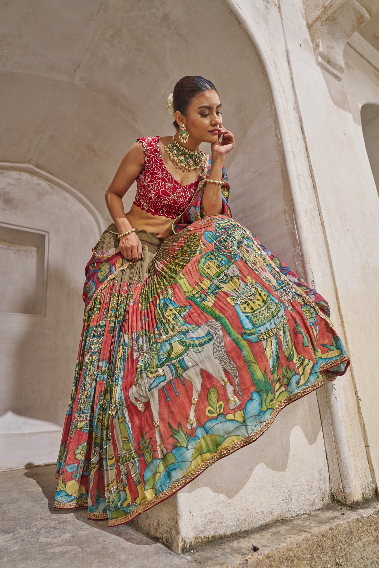 Olive-Green  Palenquin Bride Theme Kalamkari Lehenga Set